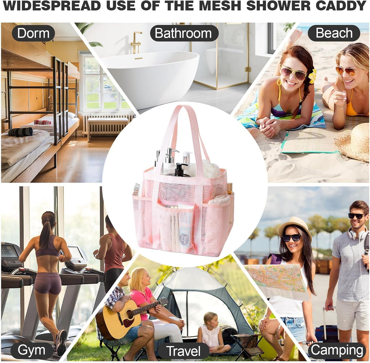 Mesh Shower Caddy Portable with Zipper for College Dorm Essentials Pink
