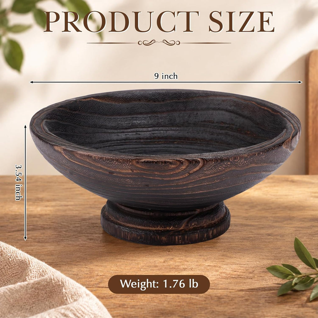 9 Inch Wooden Fruit Bowl with Natural Finish Pedestal for Kitchen Counter