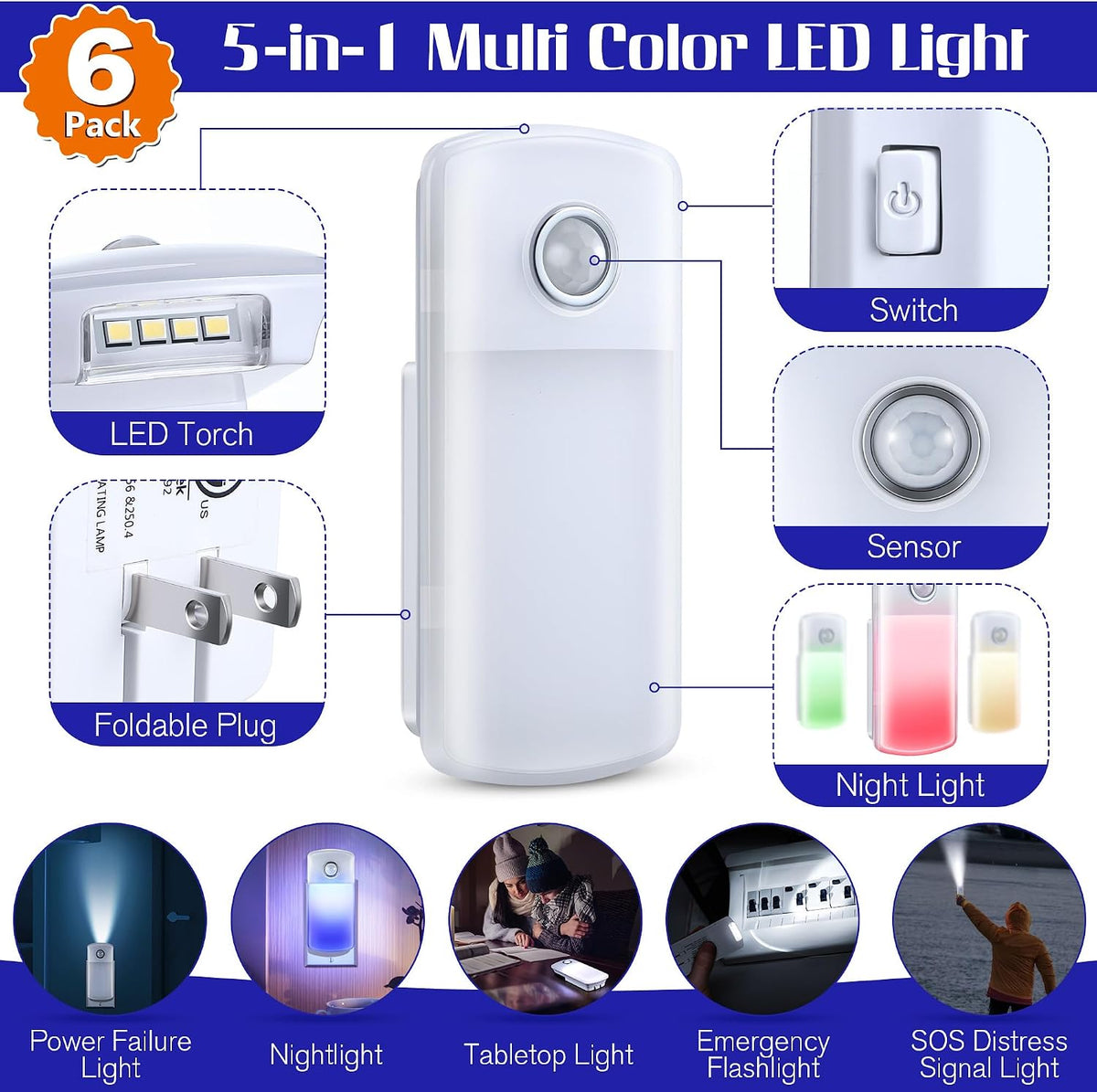 Enhon Emergency Power Failure 5-in-1 Multi Color LED Night Lights, 6 Pack