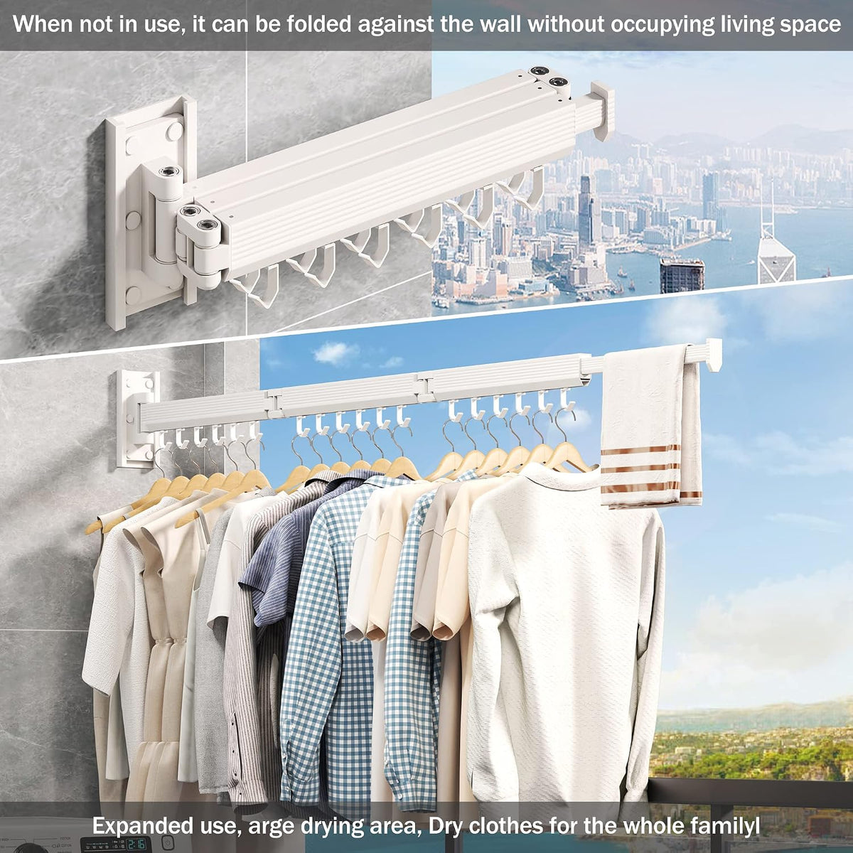 Wall Mounted Tri-Fold Clothes Drying Rack, Heavy Duty Collapsible Laundry Drying Rack, Space-Saving Retractable Foldable Drying Rack Clothes for Laundry Room Balcony Bathroom,White-Hooks