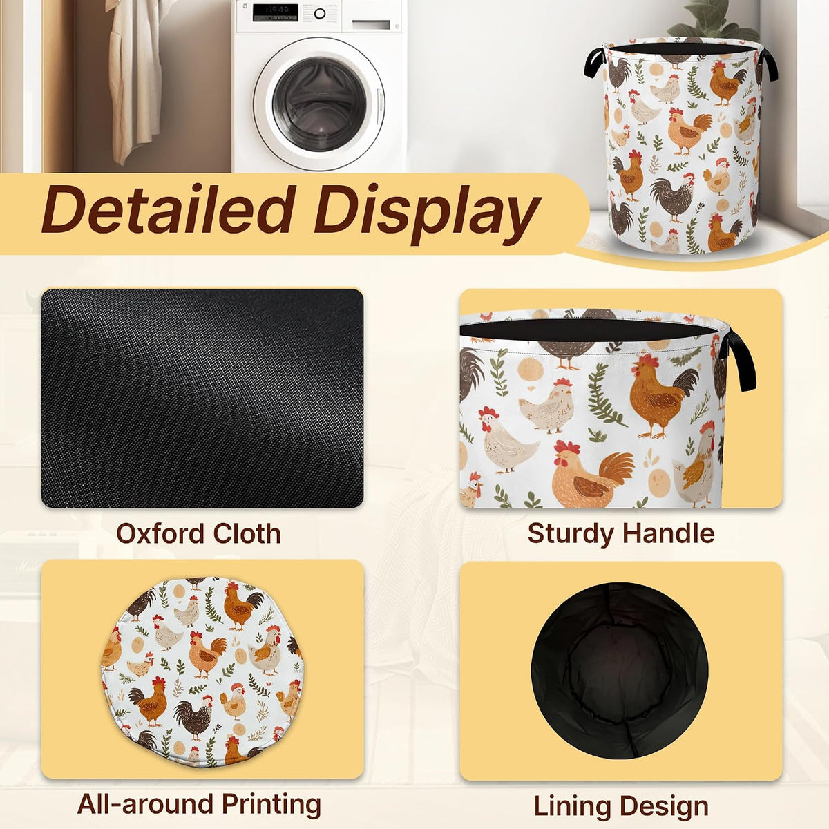 Laundry Hamper Foldable with Handles,Chicken Farm Oxford Cloth Laundry Basket,Rooster Grass Storage Organizer for Bathroom Bedroom Dorm 16"x20.8"