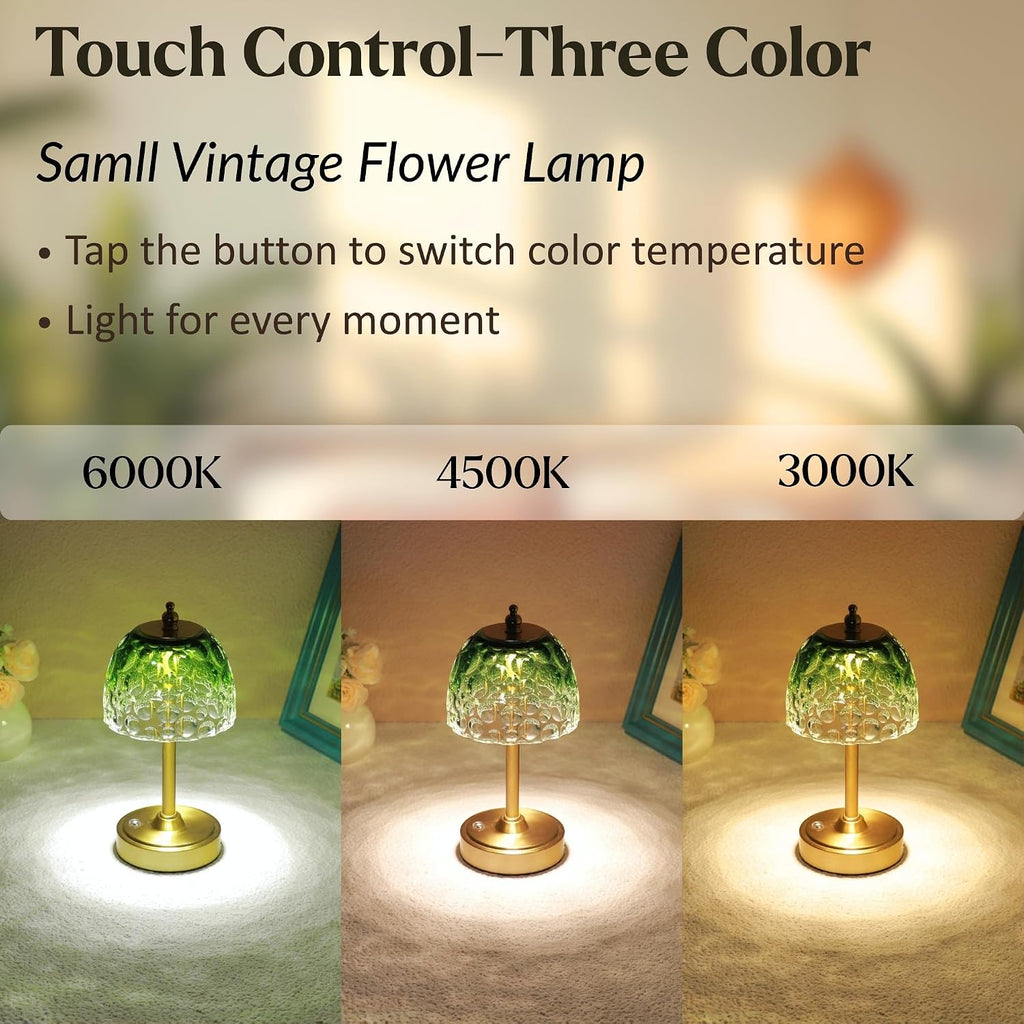 Cordless Rechargeable Table Lamp, Vintage Art Glass Shade, Dimmable, Blue