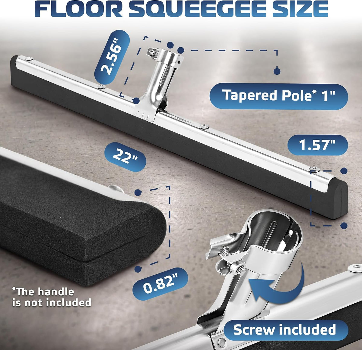 DSV Standard Uneven Surface Floor Squeegee 22’’, Double Foam Blade Garage Squeegee, Taper Pole Connection - Handle Sold Separately for Tiles, Concrete and Asphalt