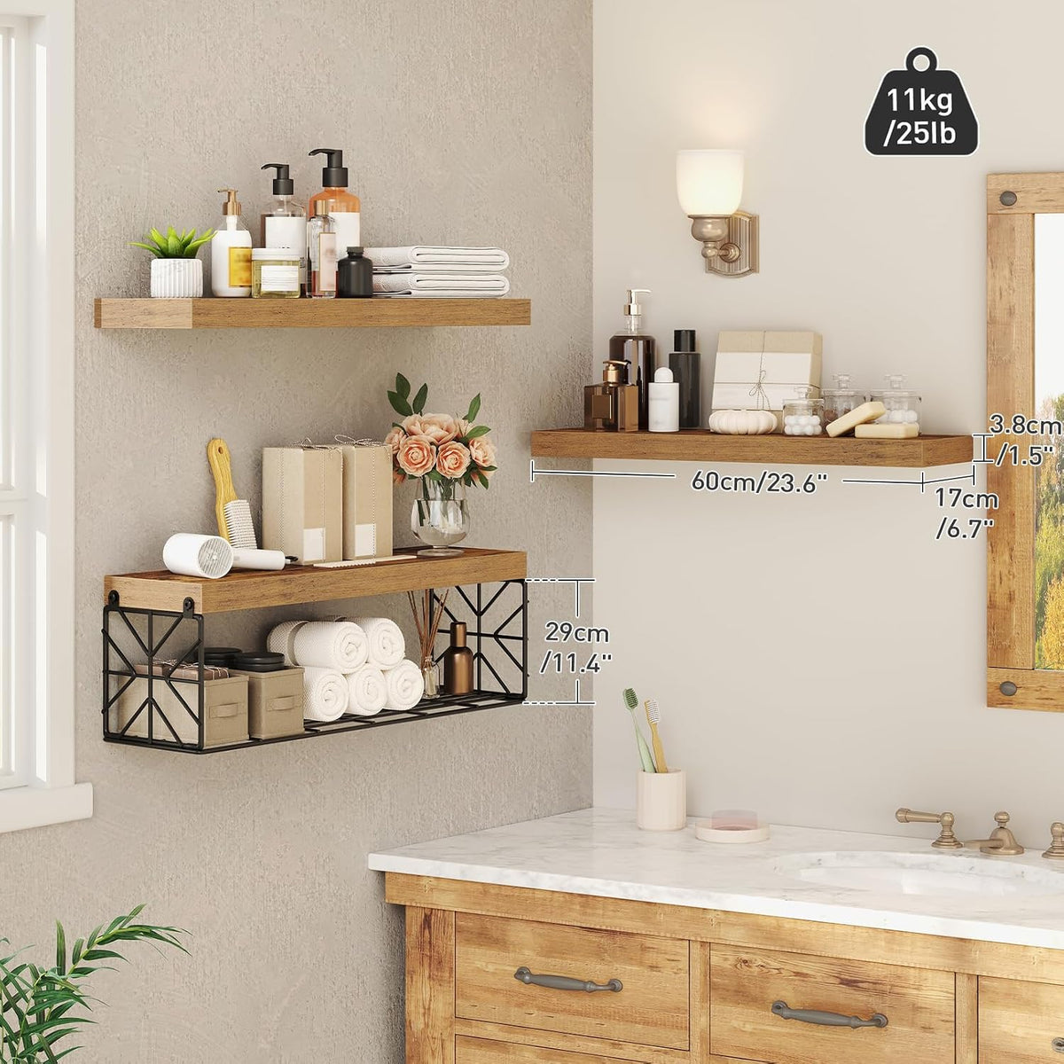 RALGEND Floating Shelves for Wall, 23.6" Wall Mounted Shelves Set of 3, 1.5" Thick Hanging Shelf Storage, Farmhouse Decor for Bathroom, Toilet, Bedroom, Living Room, Kitchen, Rustic Brown 6001BJBF