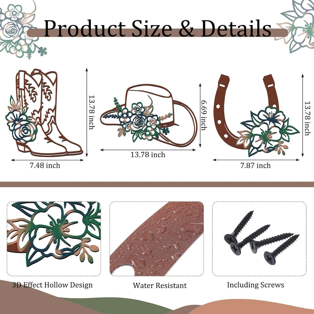 3 Pcs Cowboy Hats Boots Horseshoes Flowers Metal Wall Arts