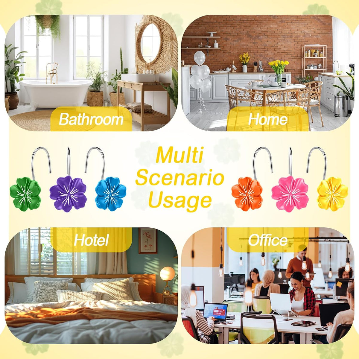 Yungyan 12 Pcs Summer Hawaiian Hibiscus Flower Shower Curtain Hooks Plumeria Flower Shower Hangers Luau Hawaii Curtain Hooks Tropical Decorative Ring for Summer Wedding Bedroom Bathroom Restroom Decor