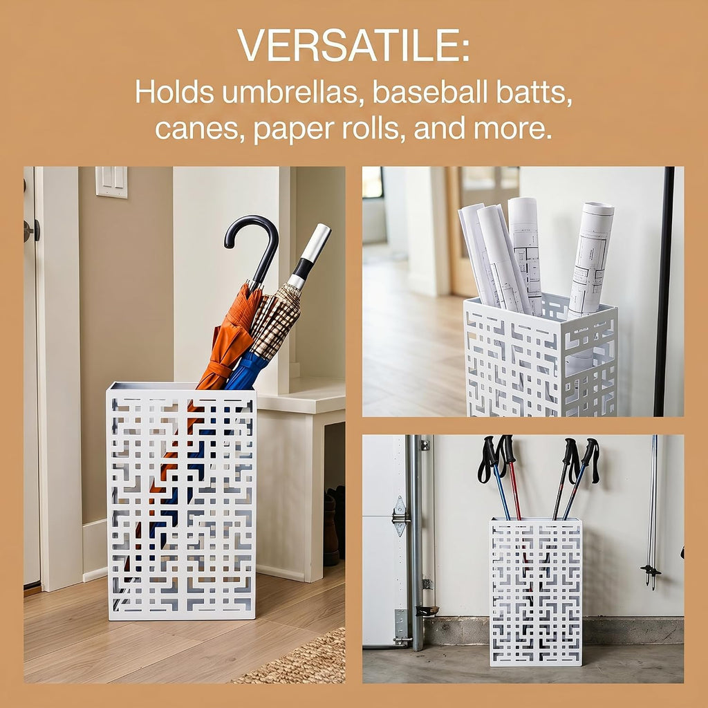 BEWBBAT Umbrella Holder Stand for Entryway, Square Metal Umbrella Rack, Freestanding Rectangular Hollow Rack for Home Office, 16 x 10 x 5 Inch, White