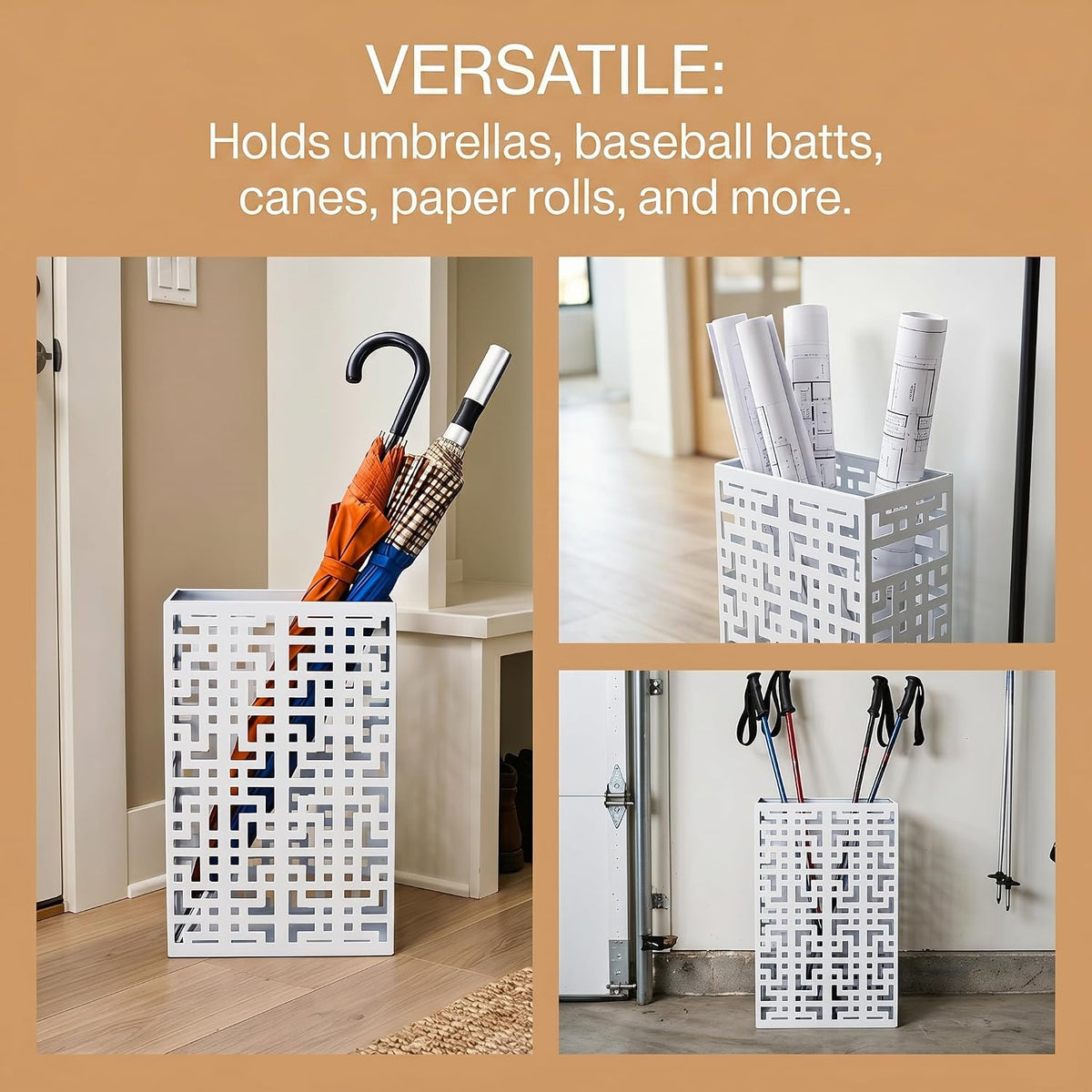 BEWBBAT Umbrella Holder Stand for Entryway, Square Metal Umbrella Rack, Freestanding Rectangular Hollow Rack for Home Office, 16 x 10 x 5 Inch, White