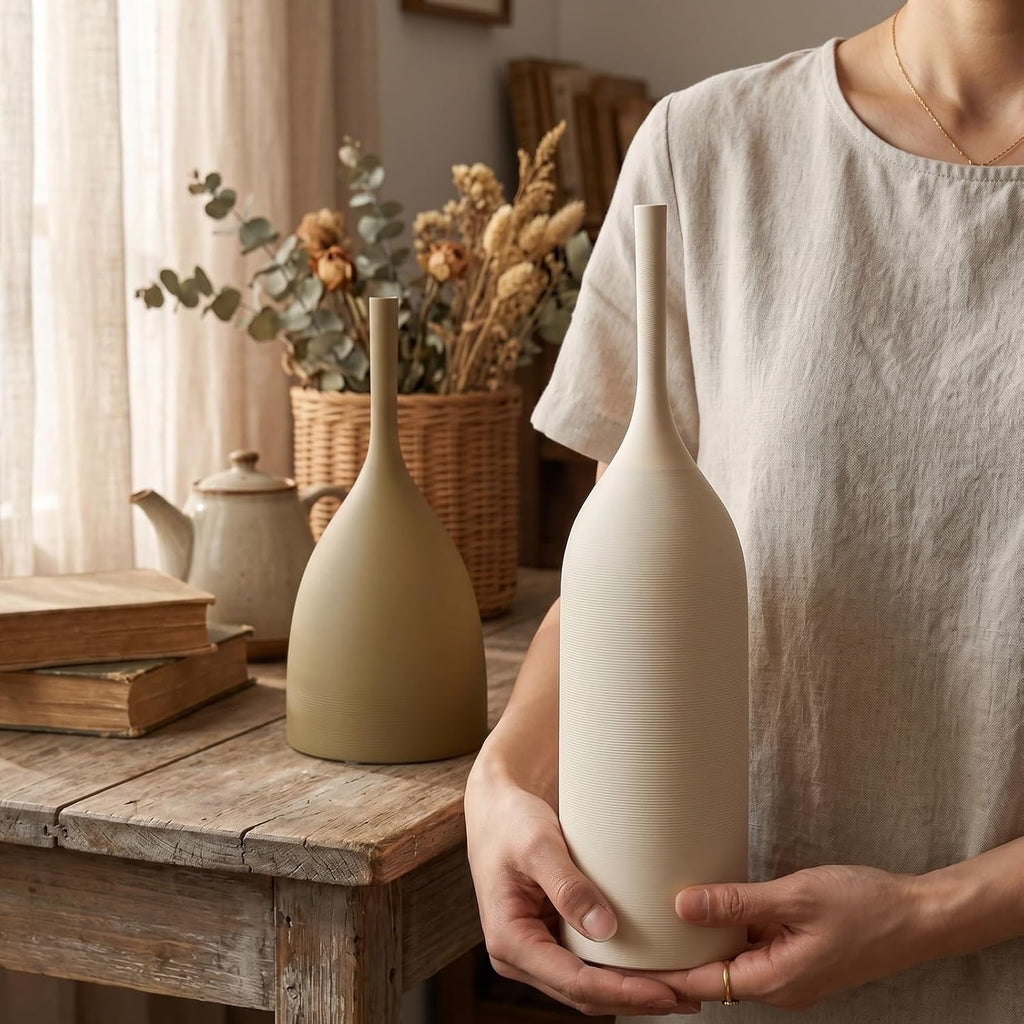 Ceramic Vases, 15.35 Inch Tall Modern Boho Vases, Matte Minimalist Decorative Vases for Home Decor, Centerpiece, Living Room, Bookshelf and Entryway Table, Matte Pearl