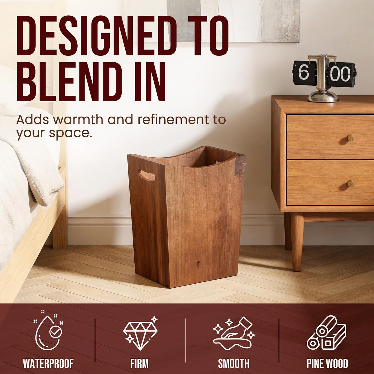 Wood Waste Basket, 2 Gallon Rectangular Trash Can with Handles