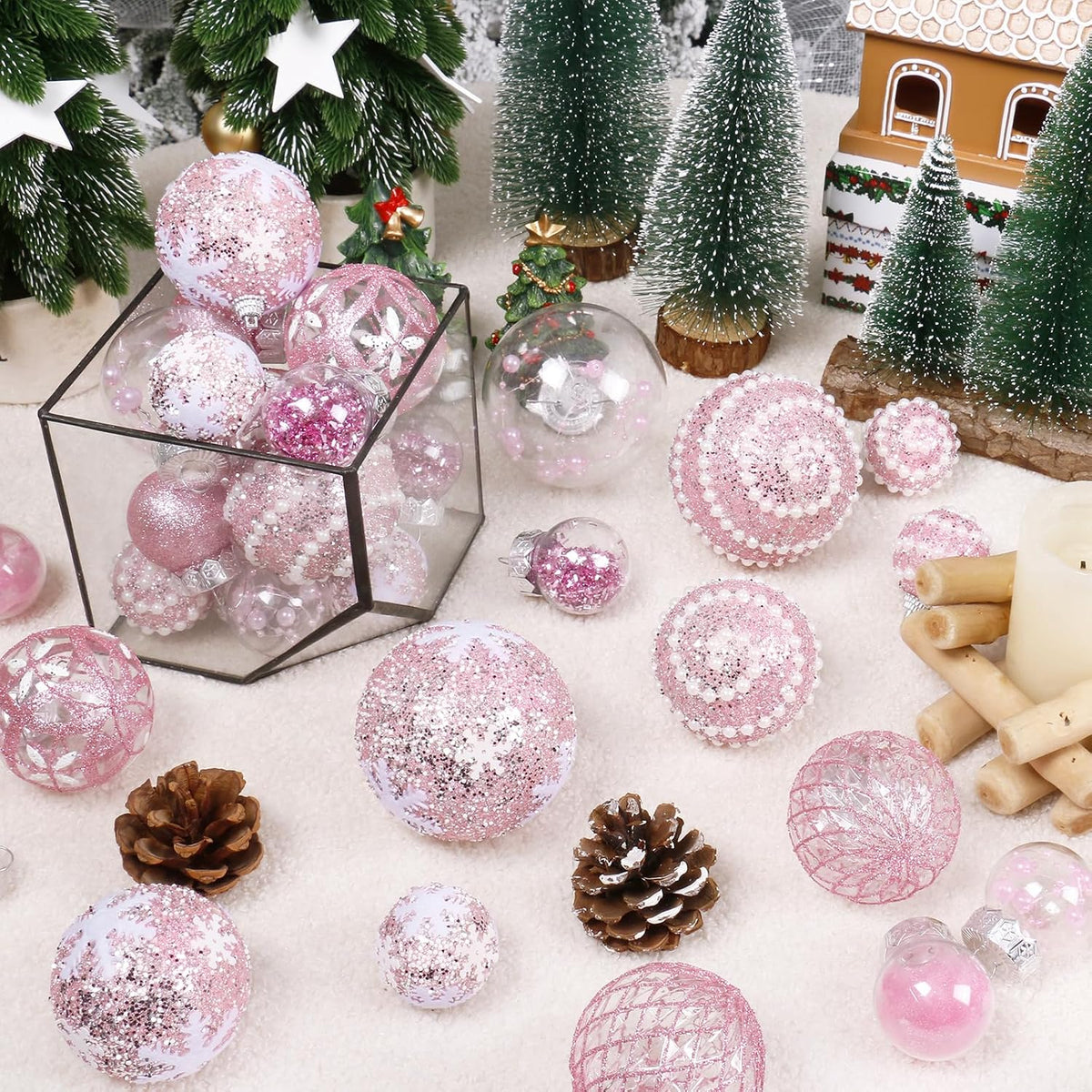 33PCS Pink Christmas Ball Ornaments Set for Xmas Tree Decorations