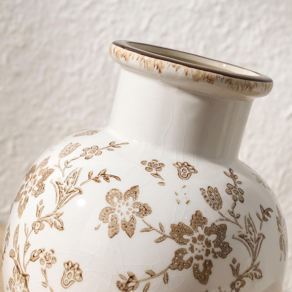 SIDUCAL Ceramic Vintage Vase, 5.91 Inch Retro Ice Cracked Chinoiserie Floral Vase, Rustic Farmhouse Vases for Home Decor, Bookshelf, Garden, Chinoiserie Decor, Tuscan Decor, Brown Floral Pattern