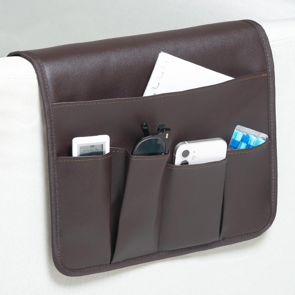 PU Leather Sofa Armrest Organizer, Armchair Magazine Holders, Waterproof Remote Holder for Recliner Couch with 1 Large Pocket, 4 Small Pockets for Magazine, Remote, Phone, Ipad, Books (brown)