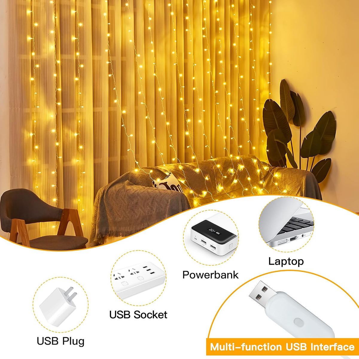 Ollny 2 Pack Curtain Lights, 400LED 6.6x6.6ft Fairy Lights with Remote