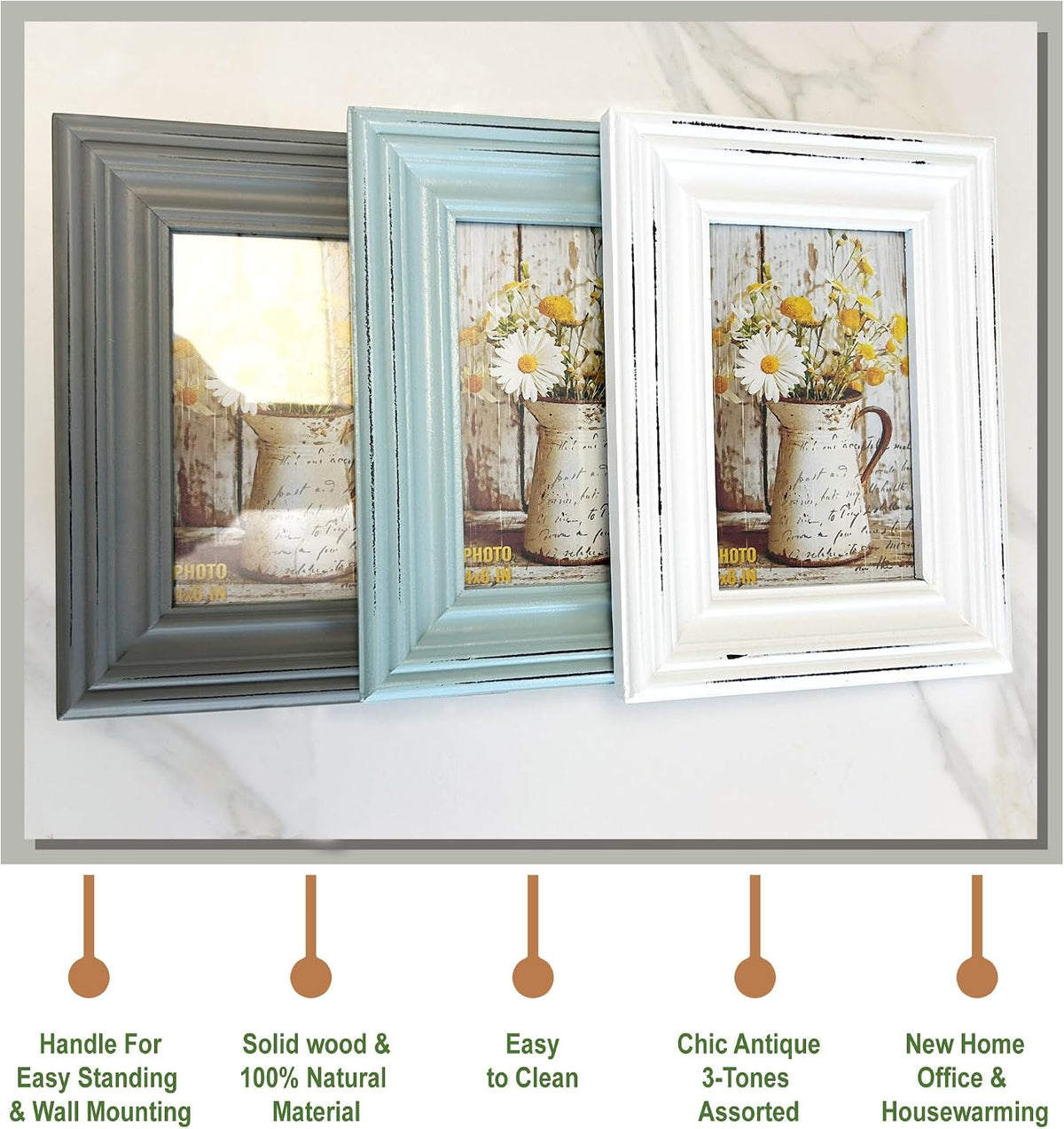 Distressed Shabby Chic 4"x6" Wooden Picture Frames 3pcs (Aqua Gray White)