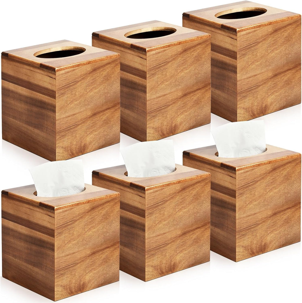 Wooden Tissue Box Cover 6 Pack - Acacia Wood Tissue Box Holder for Bathroom, Office & Farmhouse Decor, Decorative Square Covers for Tabletop Stands
