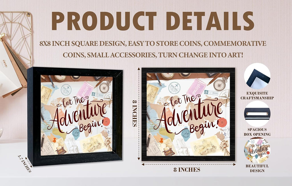 Black Travel Shadow Box Frame with Slot, Let The Adventure Begin Boxes Frames for Fund, 8x8 Memory Box for Keepsakes, Travel Gifts and Decorations, 12
