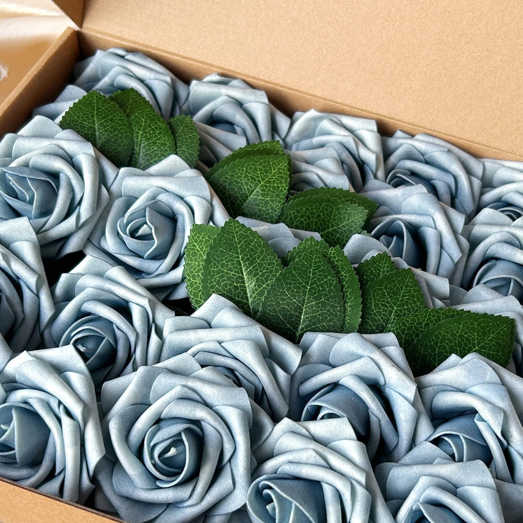 50pcs Artificial Flowers Light Blue Foam Fake Rose with Stems 12 Leaves Real Looking Faux Roses for Wedding Bouquets Bridal Shower Centerpieces Arrangements Party Tables Decorations DIY Dusty blue