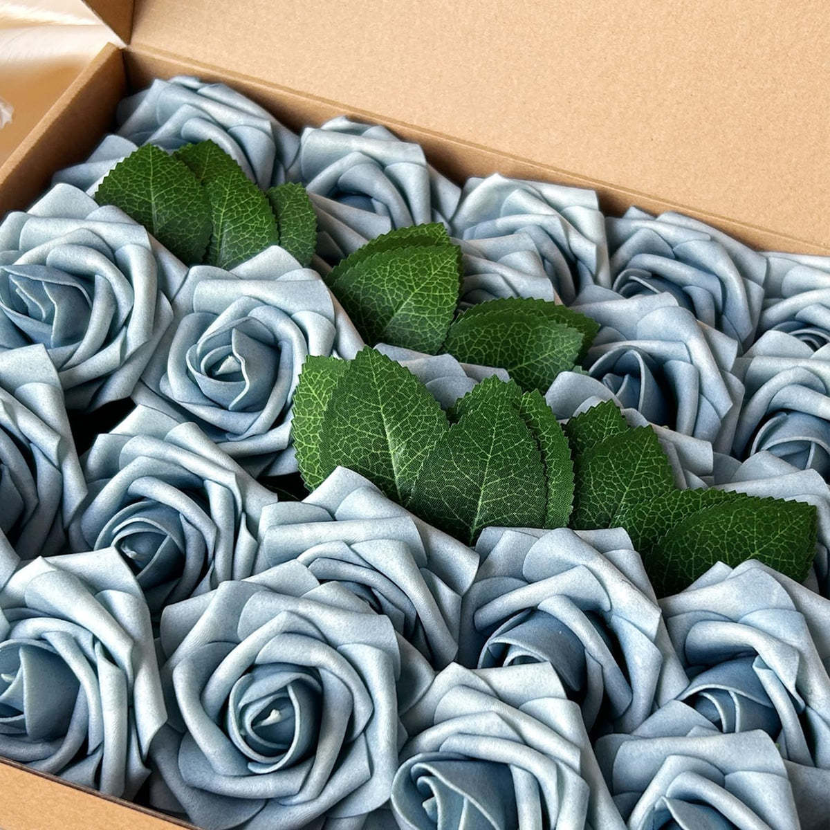 50pcs Artificial Flowers Light Blue Foam Fake Rose with Stems 12 Leaves Real Looking Faux Roses for Wedding Bouquets Bridal Shower Centerpieces Arrangements Party Tables Decorations DIY Dusty blue