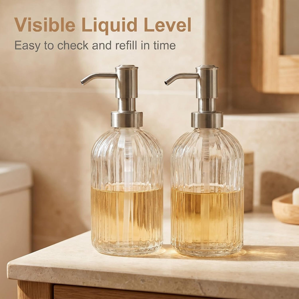 16 OZ Stripe Design Soap Dispense with 304 Rust Proof Stainless Steel Pump Glass Soap Dispenser Kitchen Soap Dispenser Bathroom