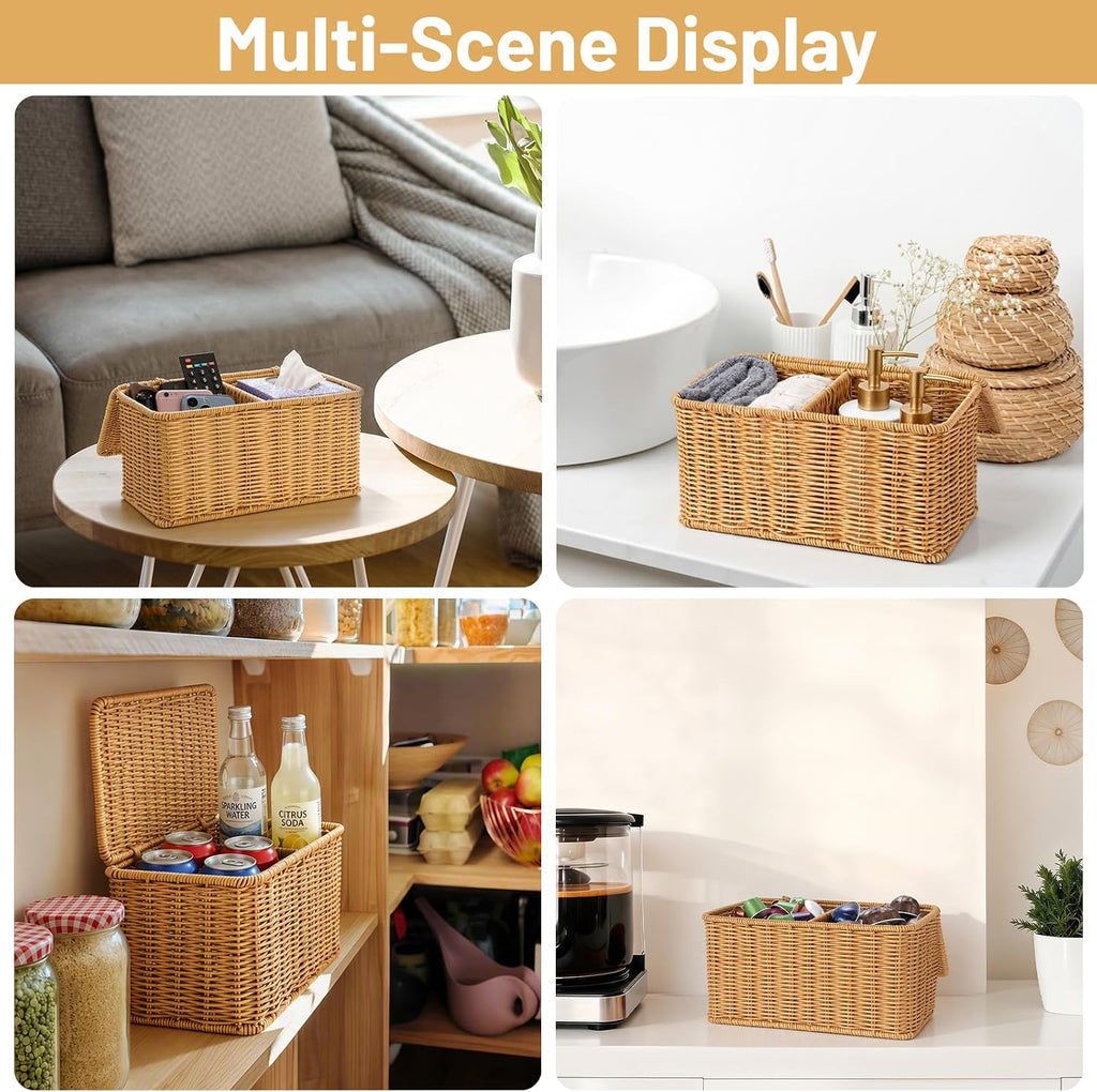 Sumnacon Wicker Storage Basket with Lid, Rectangle Bathroom Narrow Baskets