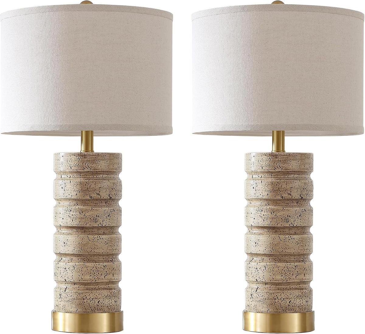 AIEAMPDO 26" Set of 2 Travertine Resin Table Lamps for Bedroom, Brass Base