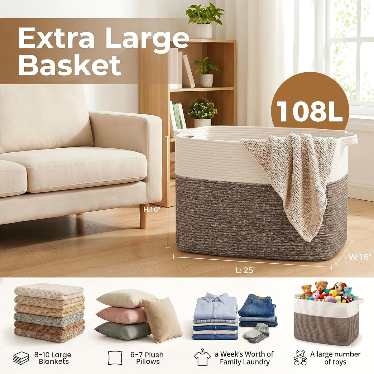 OIASKET 108L Cotton Rope Storage Basket for Living Room and Bedroom 25"x16"x16" Woven Laundry Basket, Heavy Duty Bin for Blankets, Pillows & Toys, Pet-Safe & Scratch-Free, Dark Brown and White