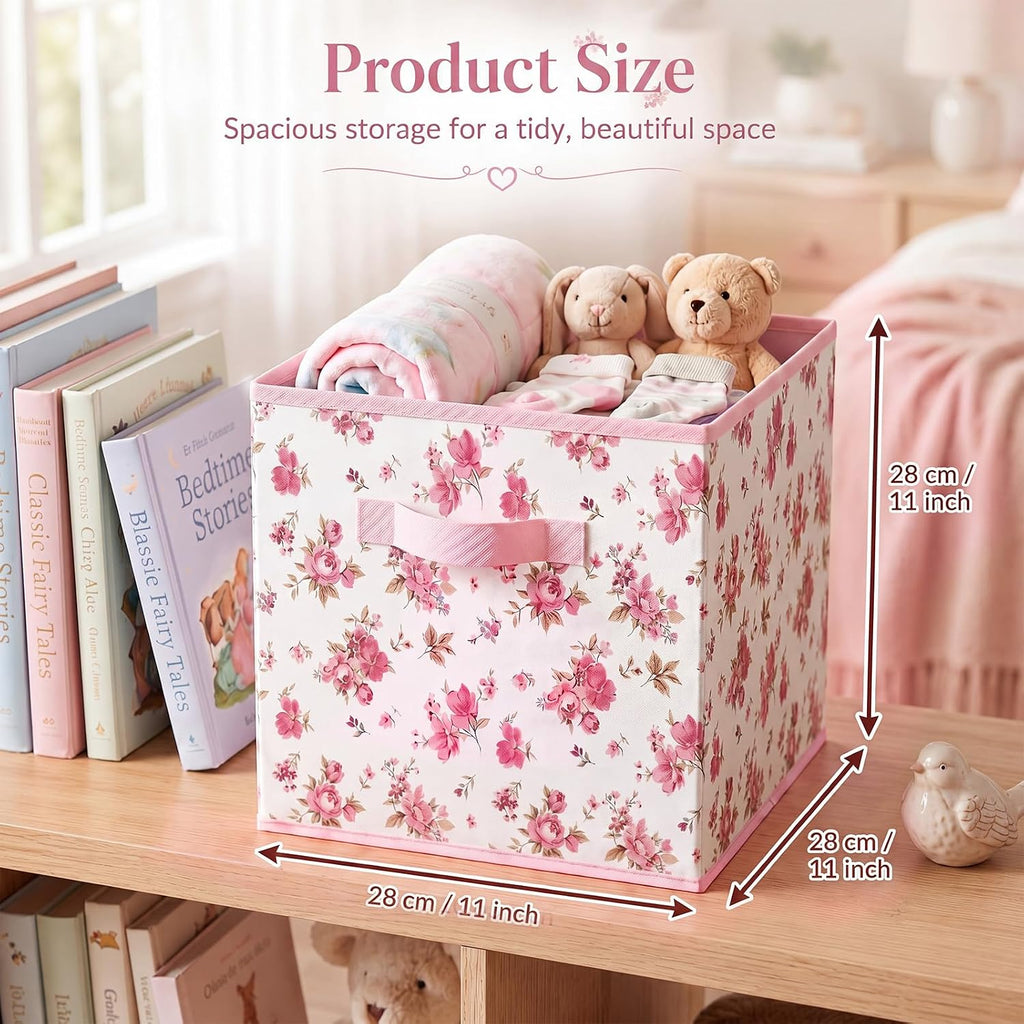 Marsui 4 Pcs Pink Flower Cube Storage Bins with Handle 11 Inch, Academic