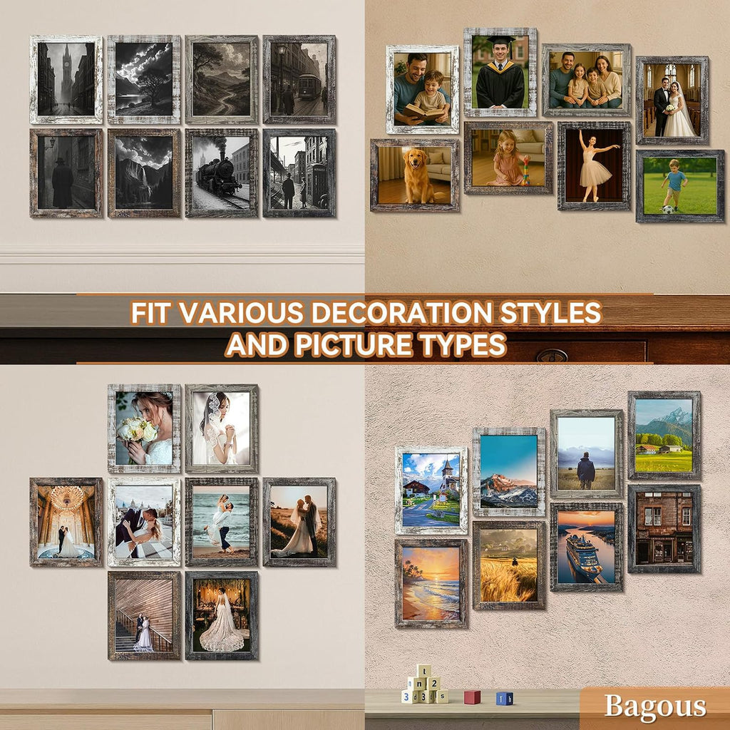 8x10 Picture Frames Set of 8, Vintage Rustic Farmhouse Industrial Style Photo Frames, High Definition Real Glass, for Tabletop or Wall Hanging