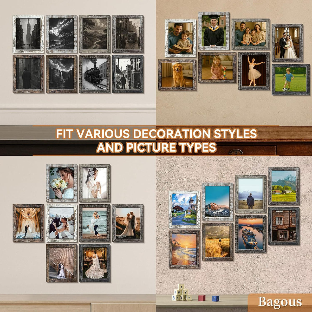 8x10 Picture Frames Set of 8, Vintage Rustic Farmhouse Industrial Style Photo Frames, High Definition Real Glass, for Tabletop or Wall Hanging