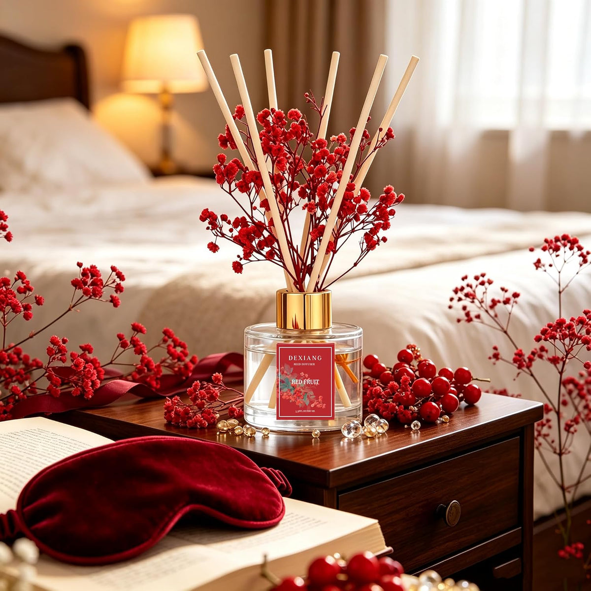 Reed Diffuser Set,3.38 fl oz (100 ml) Red Berries Oil Diffusers with 6 Reed Sticks for Bathroom Shelf Decor Home Fragrance Reed Diffuser