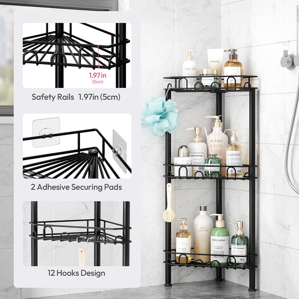 SWTYMIKI Standing Shower Caddy Corner - 3‑Tier Stainless Steel Shower Organizer Shelf with 12 Hooks and Adhesive Pads, Rustproof Corner Shelves Stand Rack for Bathroom Shower Room, Black