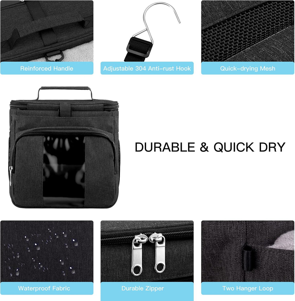 Bukere Portable Shower Caddy Tote Bag for College Dorm Travel, Separate Compartment, Large Capacity, Quick Dry Mesh Base, Hanging Toiletry Bath Bag for Student, Gym, Camp, Women Men (BLACK&BLACK)