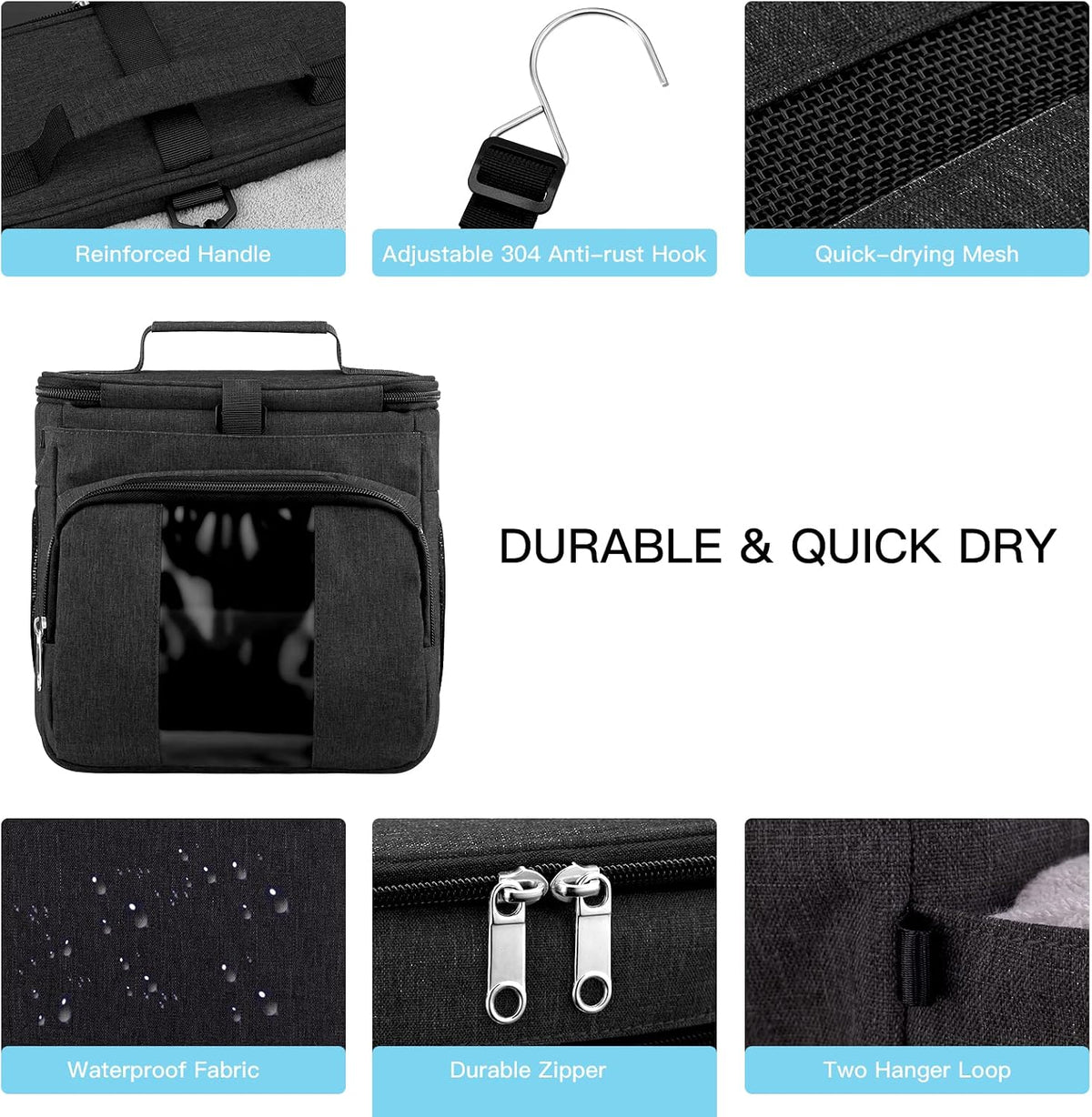 Bukere Portable Shower Caddy Tote Bag for College Dorm Travel, Separate Compartment, Large Capacity, Quick Dry Mesh Base, Hanging Toiletry Bath Bag for Student, Gym, Camp, Women Men (BLACK&BLACK)