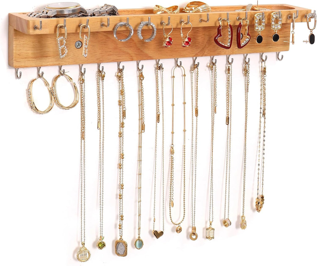 Necklace Holder Wall Mount,Jewelry Organizer with 30 Hooks,Natural Wood