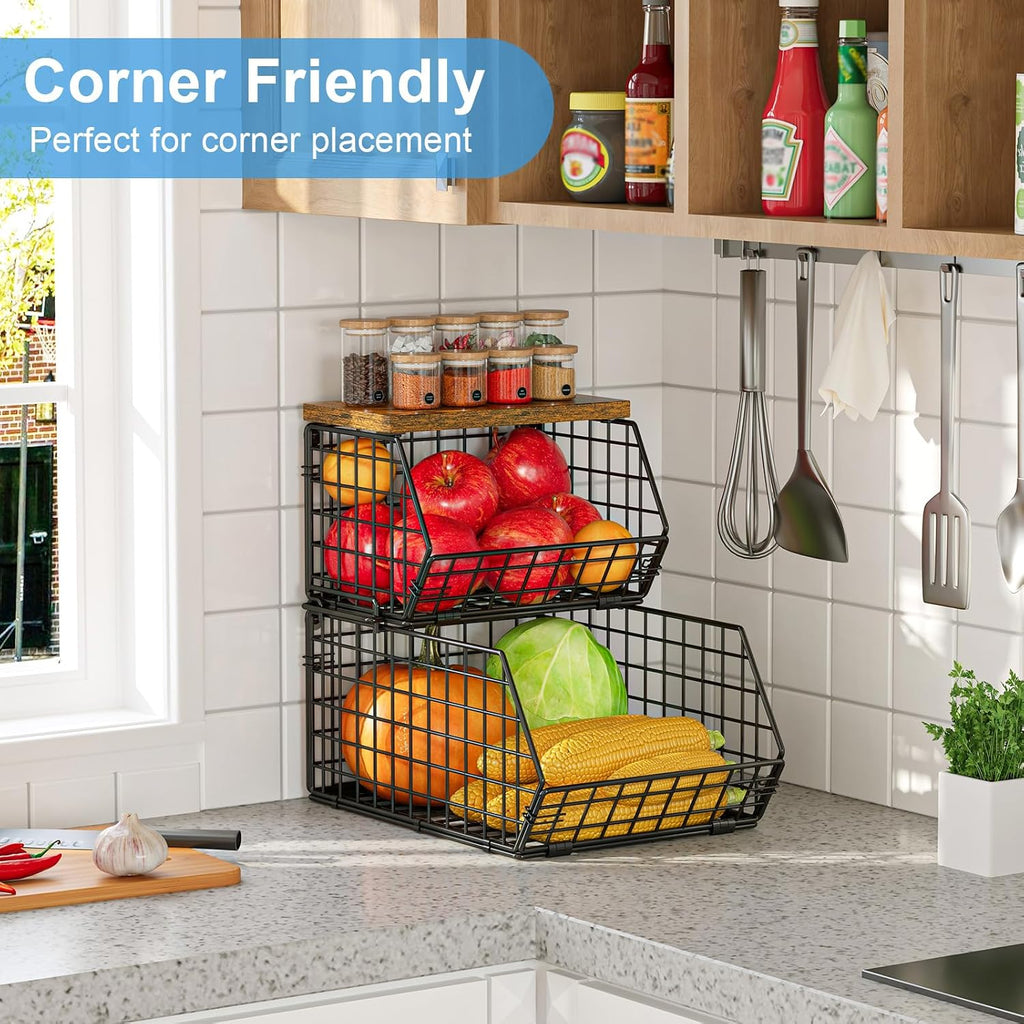 Potato and Onion Storage Bin with Wooden Top, 2-Tier Stackable Wire Basket
