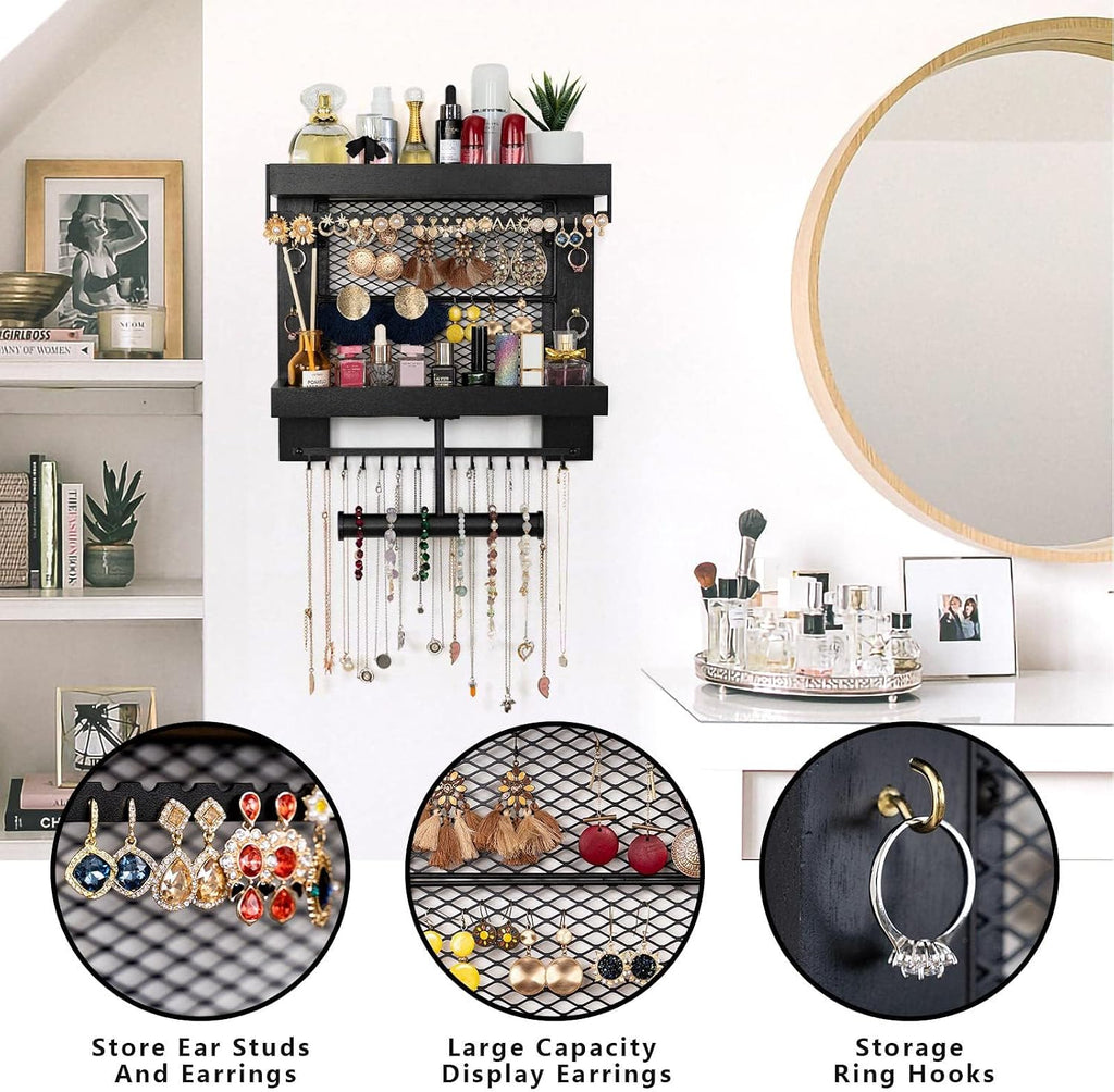 Pinzoveco Hanging Jewelry Organizer Wall Mounted With Wall Jewelry Organizer Holder For Necklaces Bracelet Earrings Ring (Black)