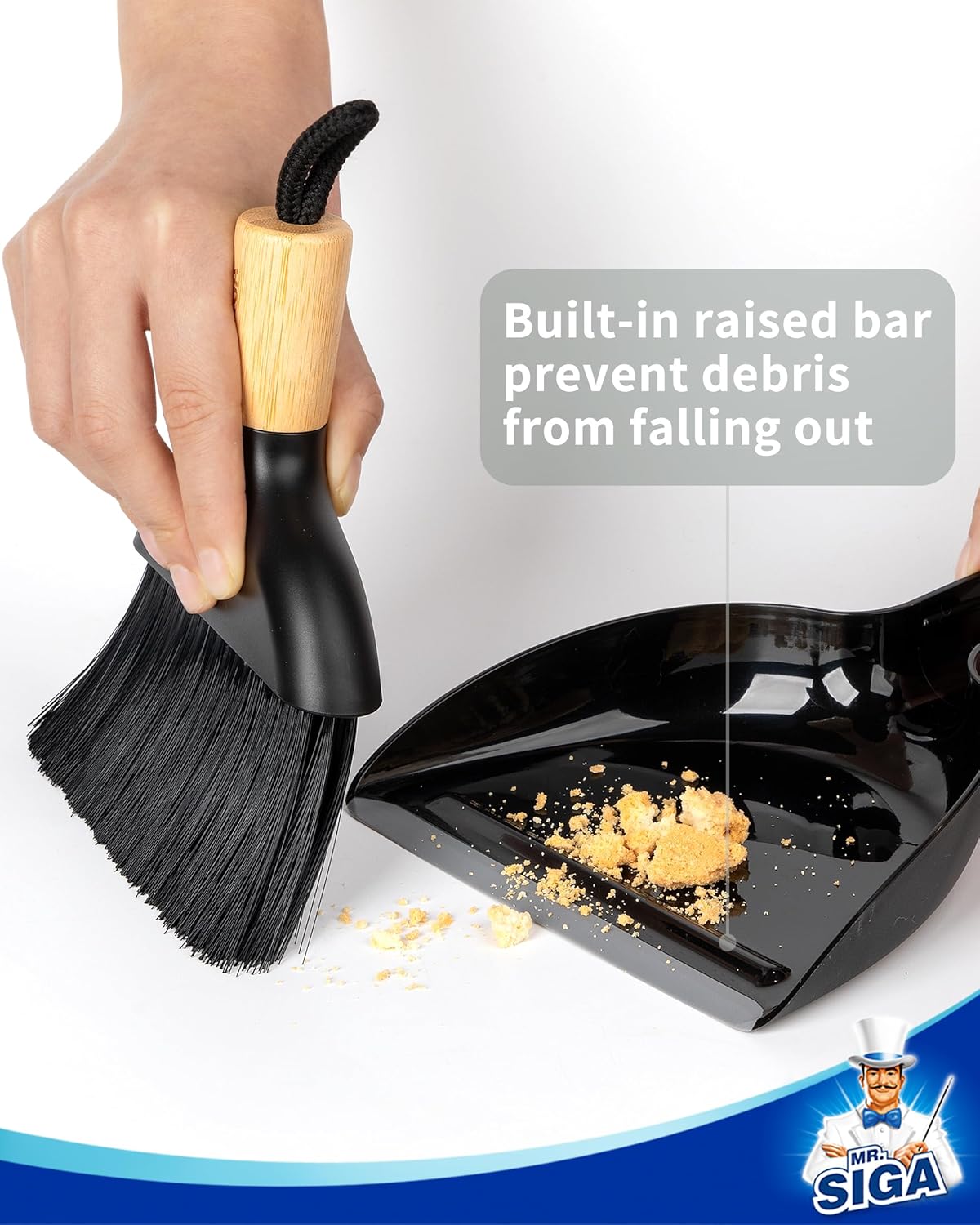 MR.SIGA Mini Dustpan and Brush Set, Bamboo Handle, Black, 1 Set