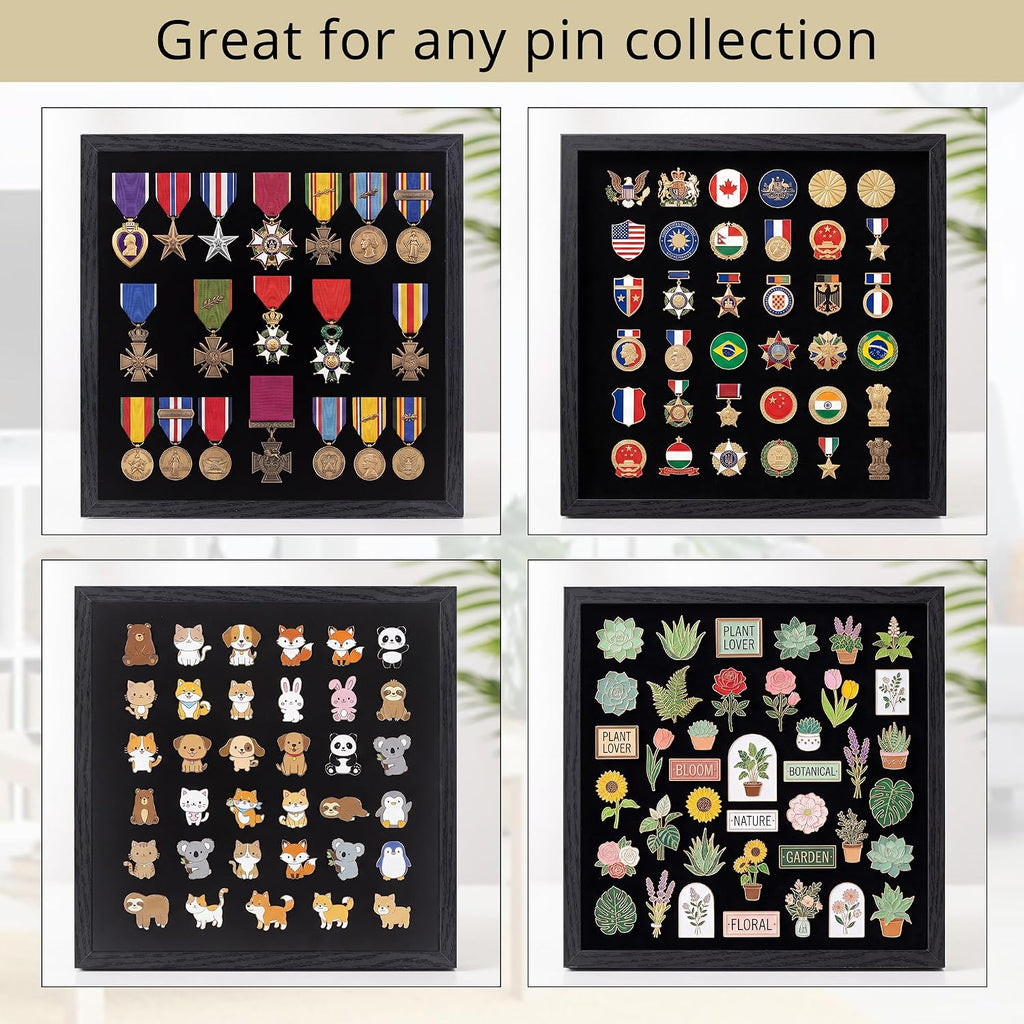 GMFrames 11x11 Enamel Pin Display Case, Pin Collection Display Frame with Real Glass, Shadow Box for Wall and Tabletop, Pin Holder Black