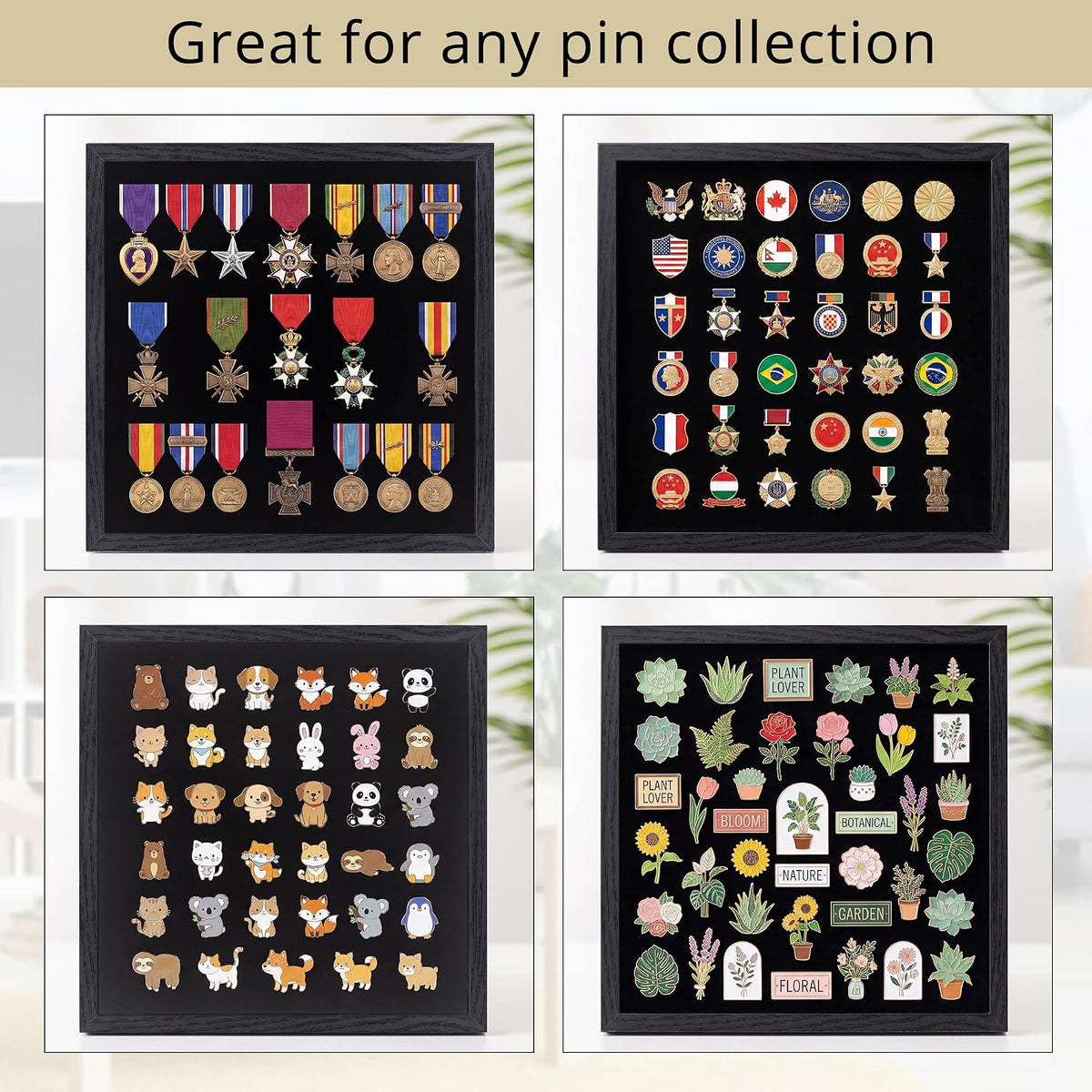 GMFrames 11x11 Enamel Pin Display Case, Pin Collection Display Frame with Real Glass, Shadow Box for Wall and Tabletop, Pin Holder Black