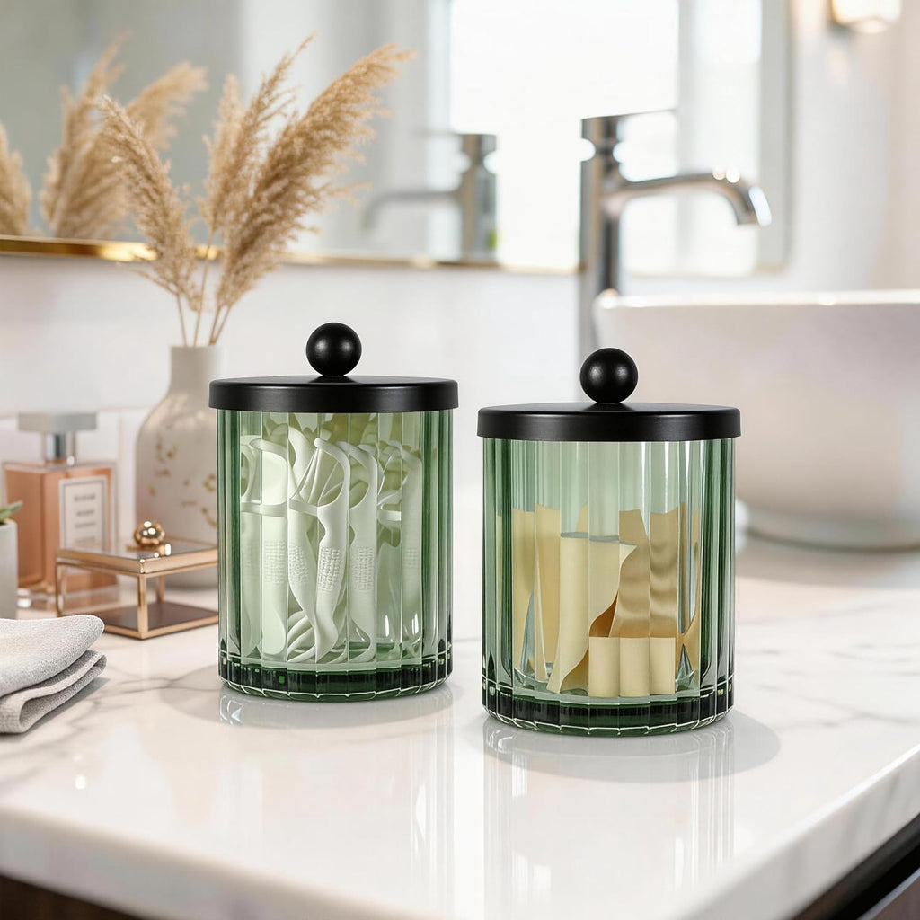 Amolliar Green Glass Apothecary Jar, Qtip Holder for Bathroom(Black 2 Pack)
