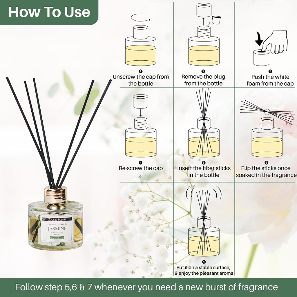 Soul & Scents Jasmine Scented 4.06 oz (120ml) Reed Diffuser Set with 6 Fiber Sticks for Room Decor | Home Fragrance Reed Diffuser | Air Freshners for Home