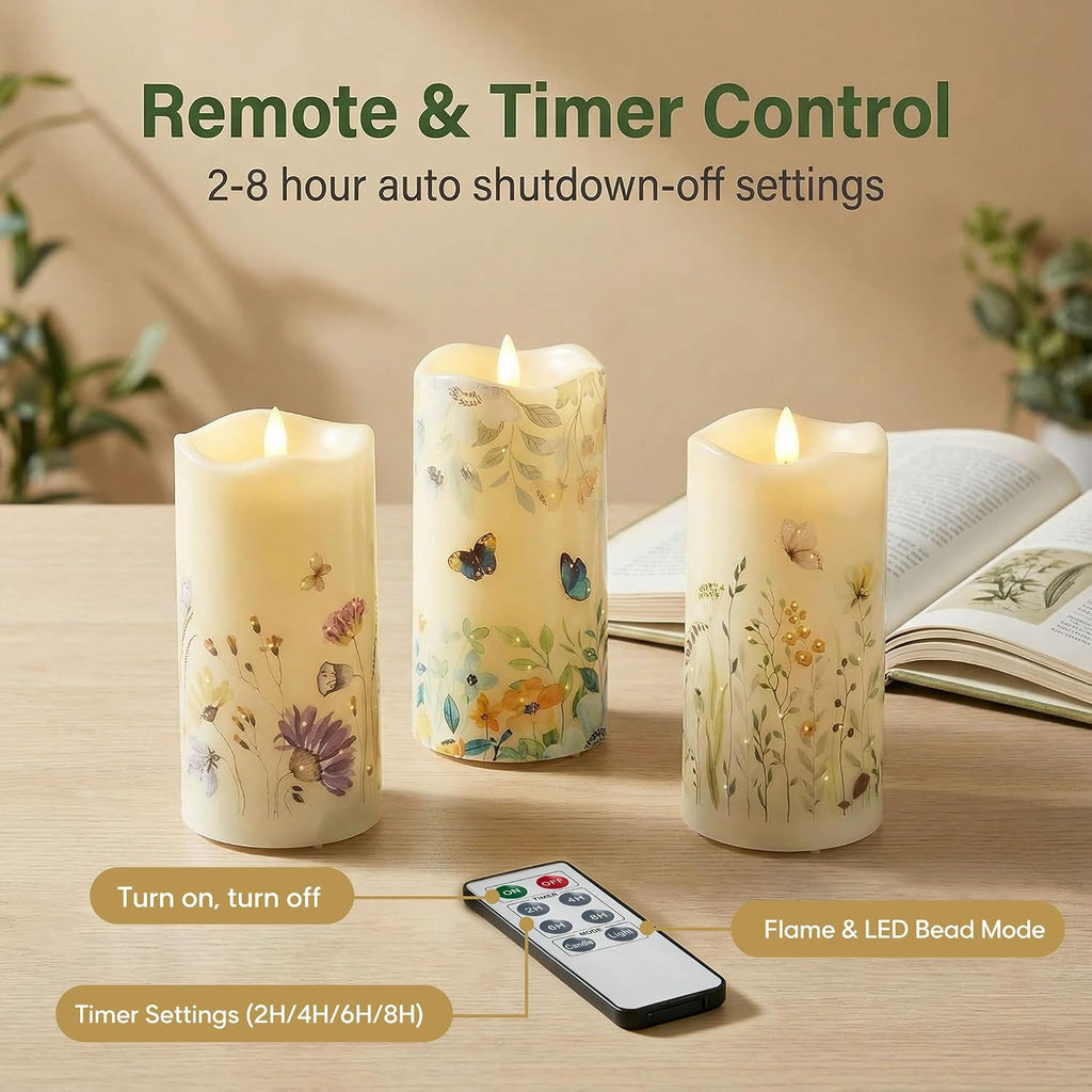 Eywamage Butterfly Fiber Optic Flameless Pillar Candles with Remote 3 Pack