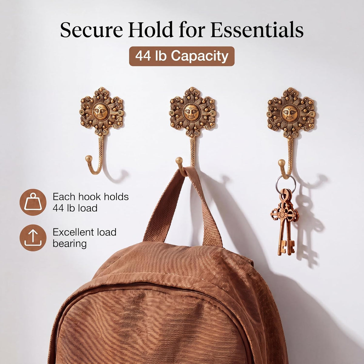 IndianShelf 3 Brass Sunflower Wall Hooks Vintage Gold Coat Key Towel Hanger