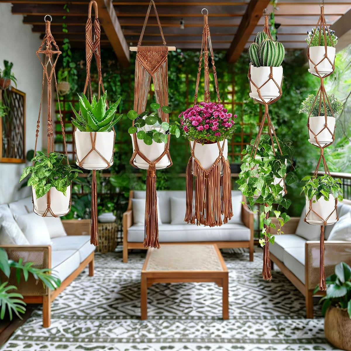Macrame Plant Hangers, 6Pack Hanging Plant Holders Indoor, Caramel