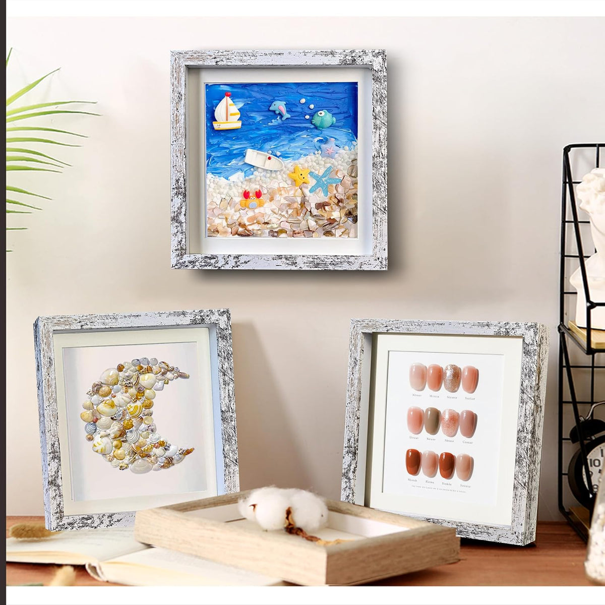 White 8x8 Shadow Box Frame Solid Wood Shadow Box Memory Display Case Glass Surface Internal Depth 0.6 inch for Wall or Tabletop（4 Pack）