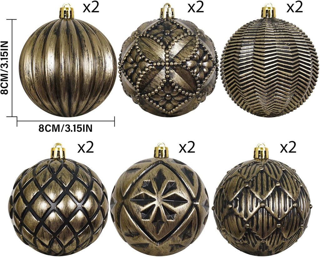 XmasExp Vintage Rustic Christmas Ball Ornaments Sets Farmhouse Distressed Christmas Tree Decorations Shatterproof Antique Traditional Style Xmas Hanging Ornaments （Bronze, 12Pcs