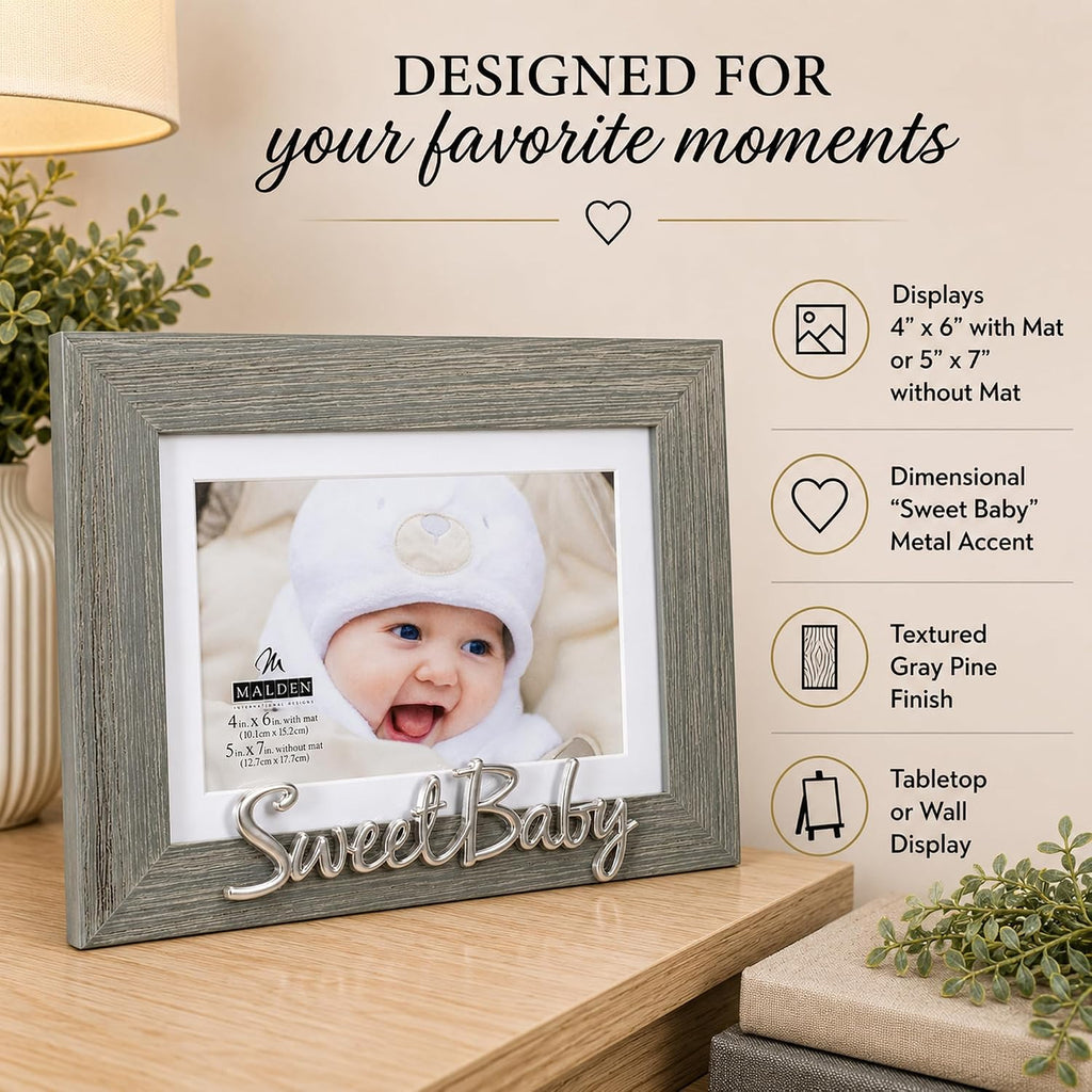 Malden International Designs Sweet Baby 4x6/5x7 Pine Picture Frame, Gray