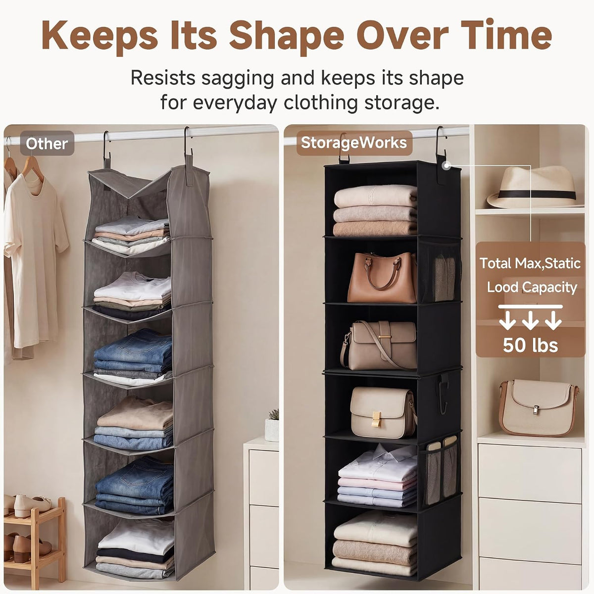 StorageWorks Hanging Closet Organizer, 6-Shelf with 2-in-1 Design, Black
