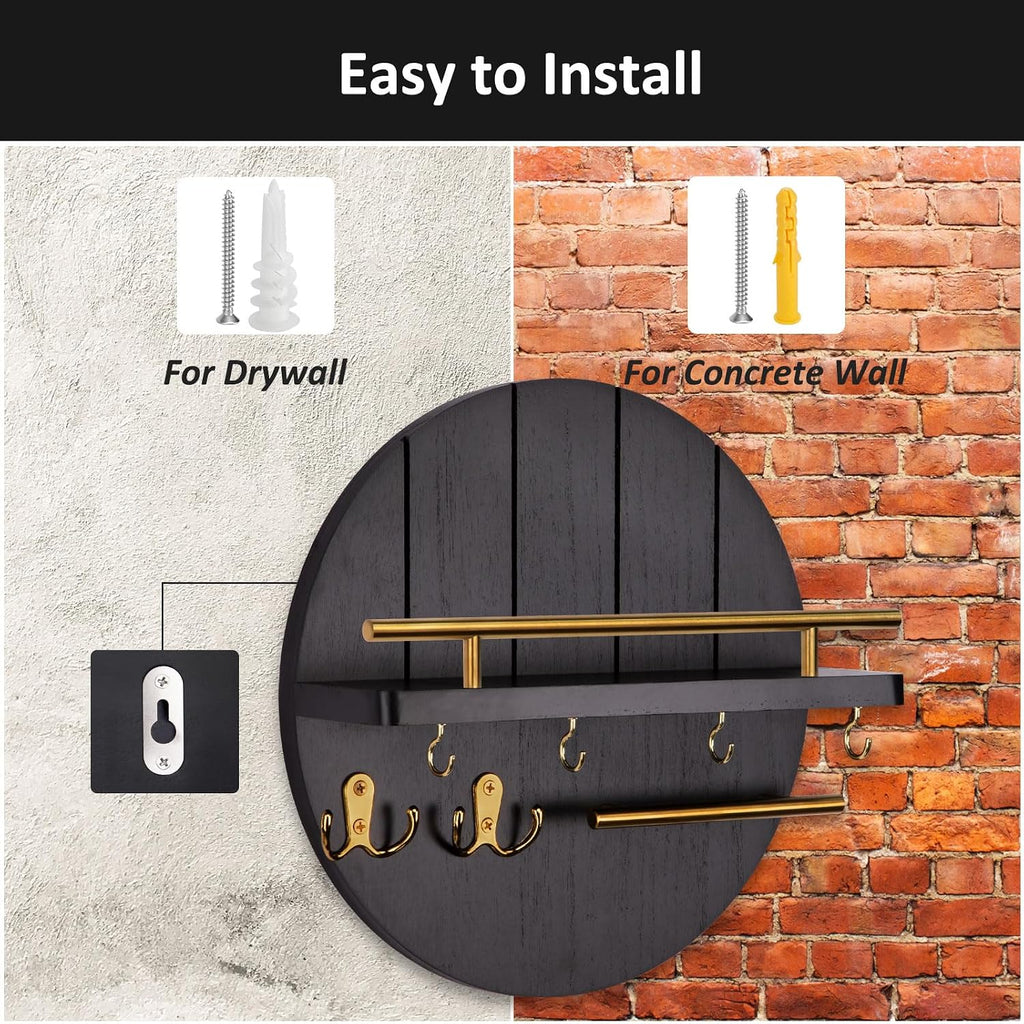 Nekon Key Holder Wall Mount, 11.8” Wood Mail Organizer for Wall, Black